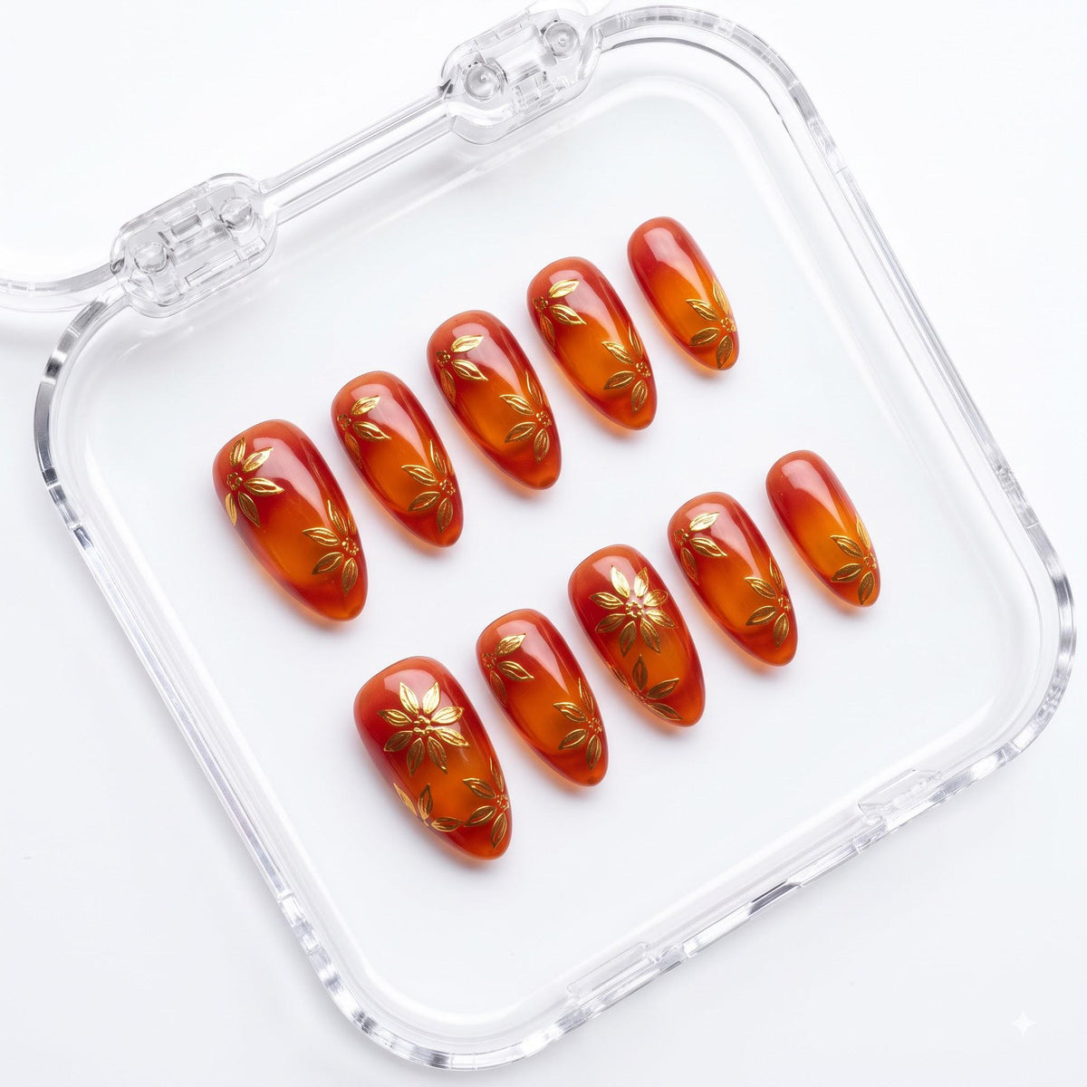 Autumn Orange Cat Eye Press On Nails With Gold Leaf Flowers