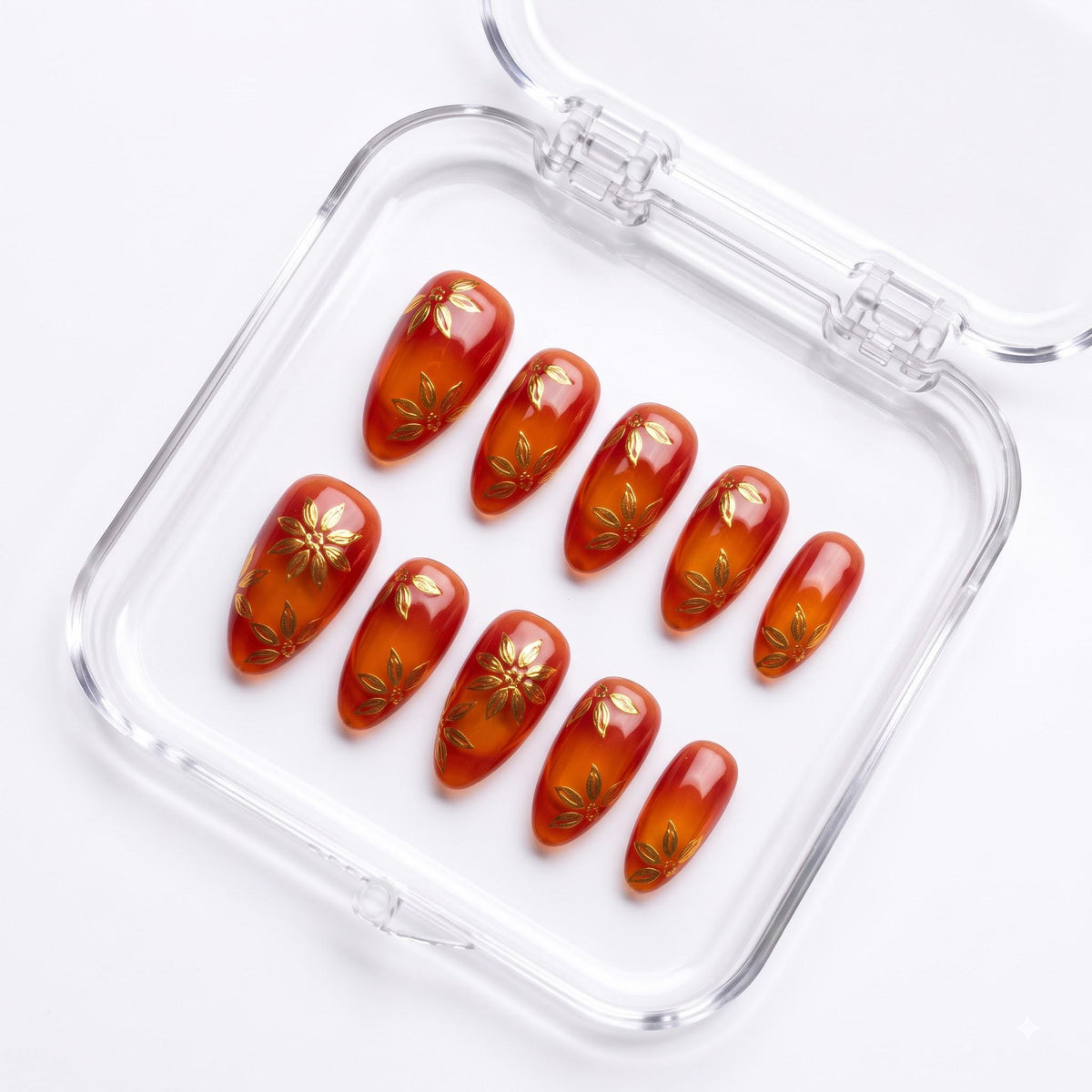 Autumn Orange Cat Eye Press On Nails With Gold Leaf Flowers