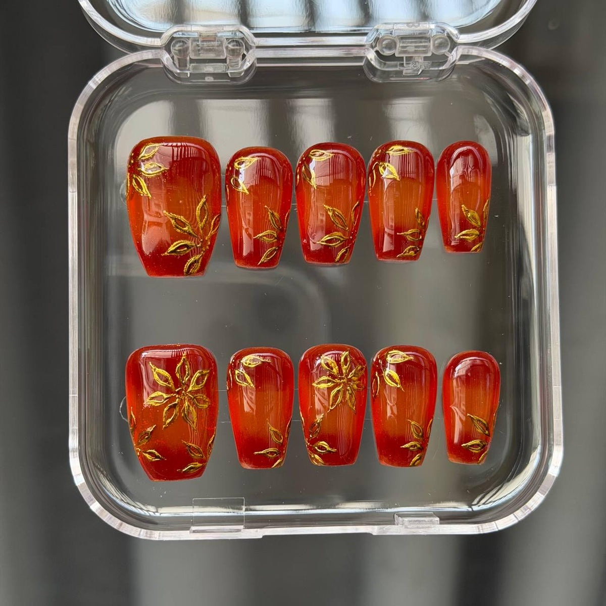Autumn Orange Cat Eye Press On Nails With Gold Leaf Flowers