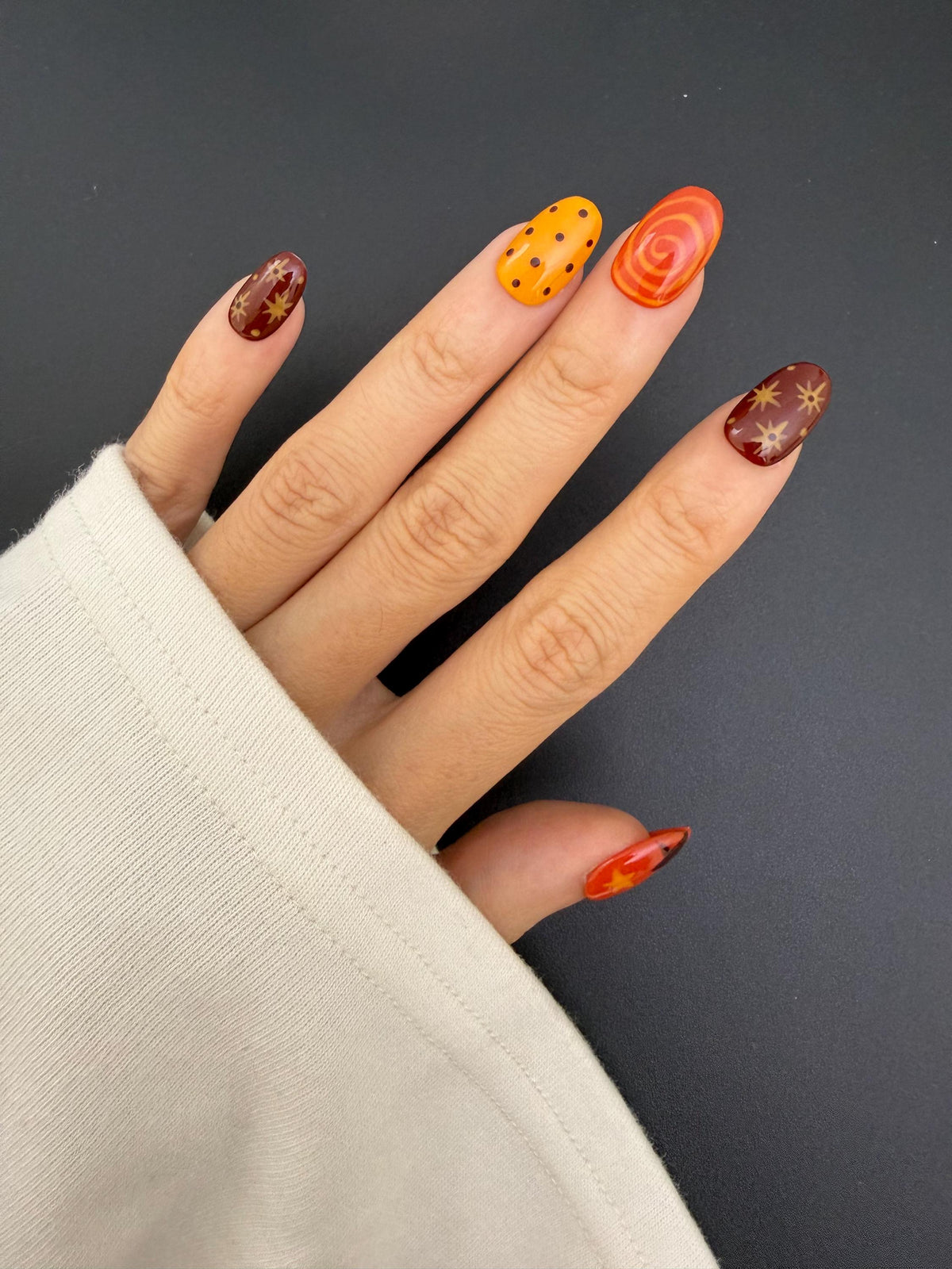 Autumn Orange Starburst and Swirl Press-On Nail Set