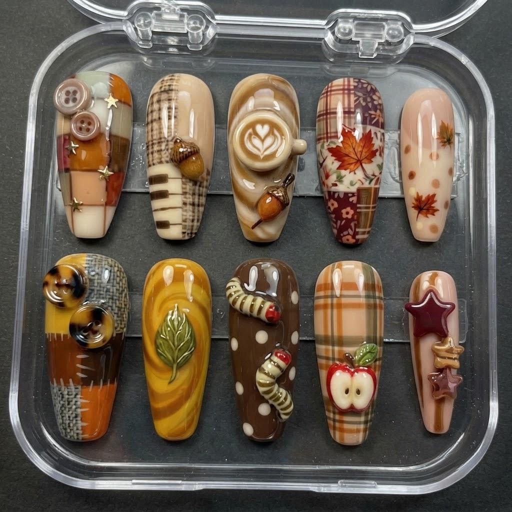 Autumn Patchwork and Plaid Press On Nails With Coffee, Acorns, and Maple Leaves