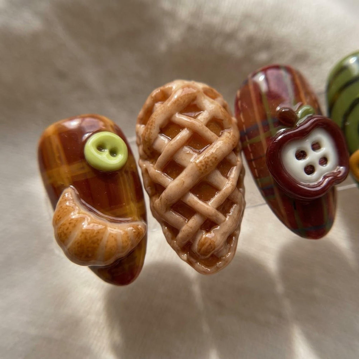 Autumn Picnic Press On Nails With Plaid, Pastry, Apple and Dragonfly Details