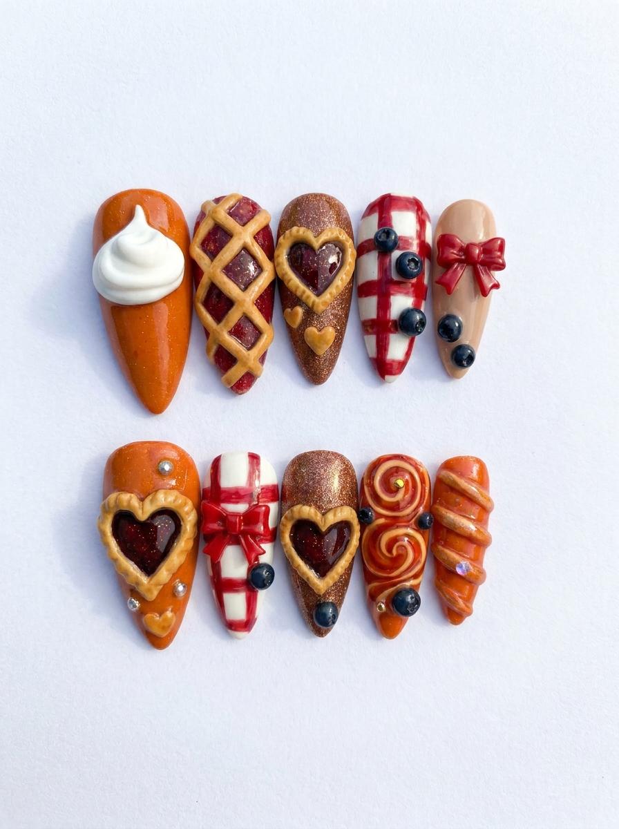 Autumn Pie Press On Nails With Plaid, Berry Accents, and 3D Bows
