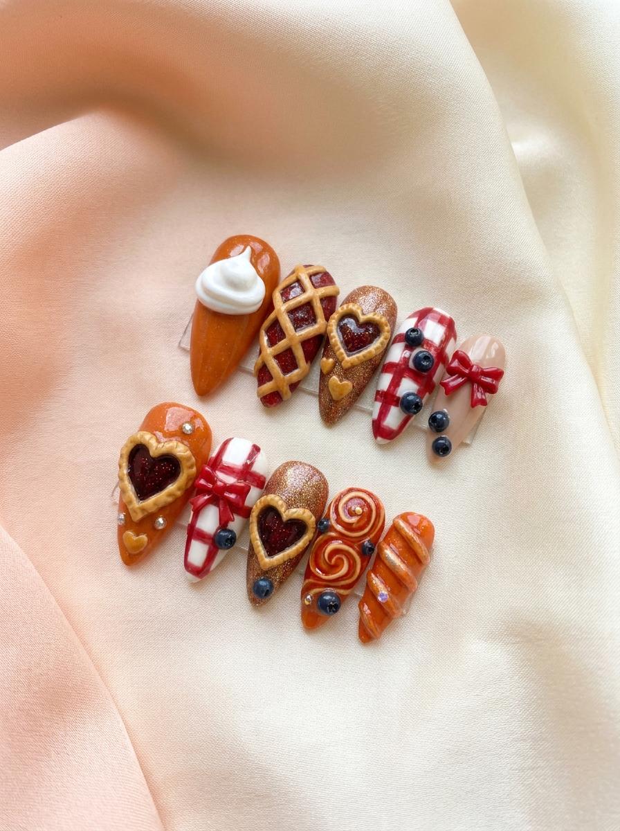 Autumn Pie Press On Nails With Plaid, Berry Accents, and 3D Bows