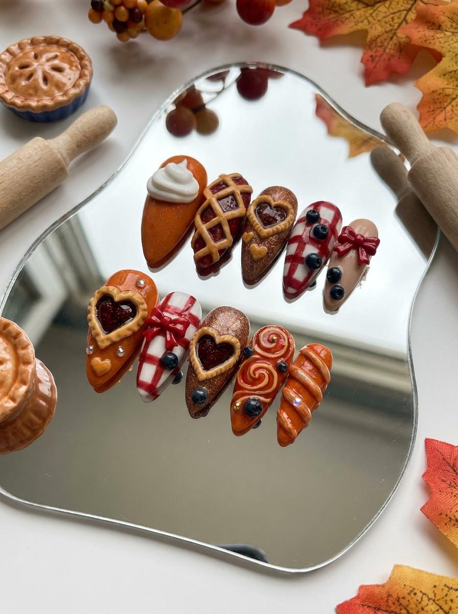 Autumn Pie Press On Nails With Plaid, Berry Accents, and 3D Bows