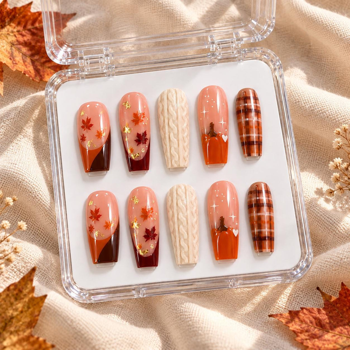 Autumn Plaid and Leaf Press On Nails with Cream Cable-Knit Accents