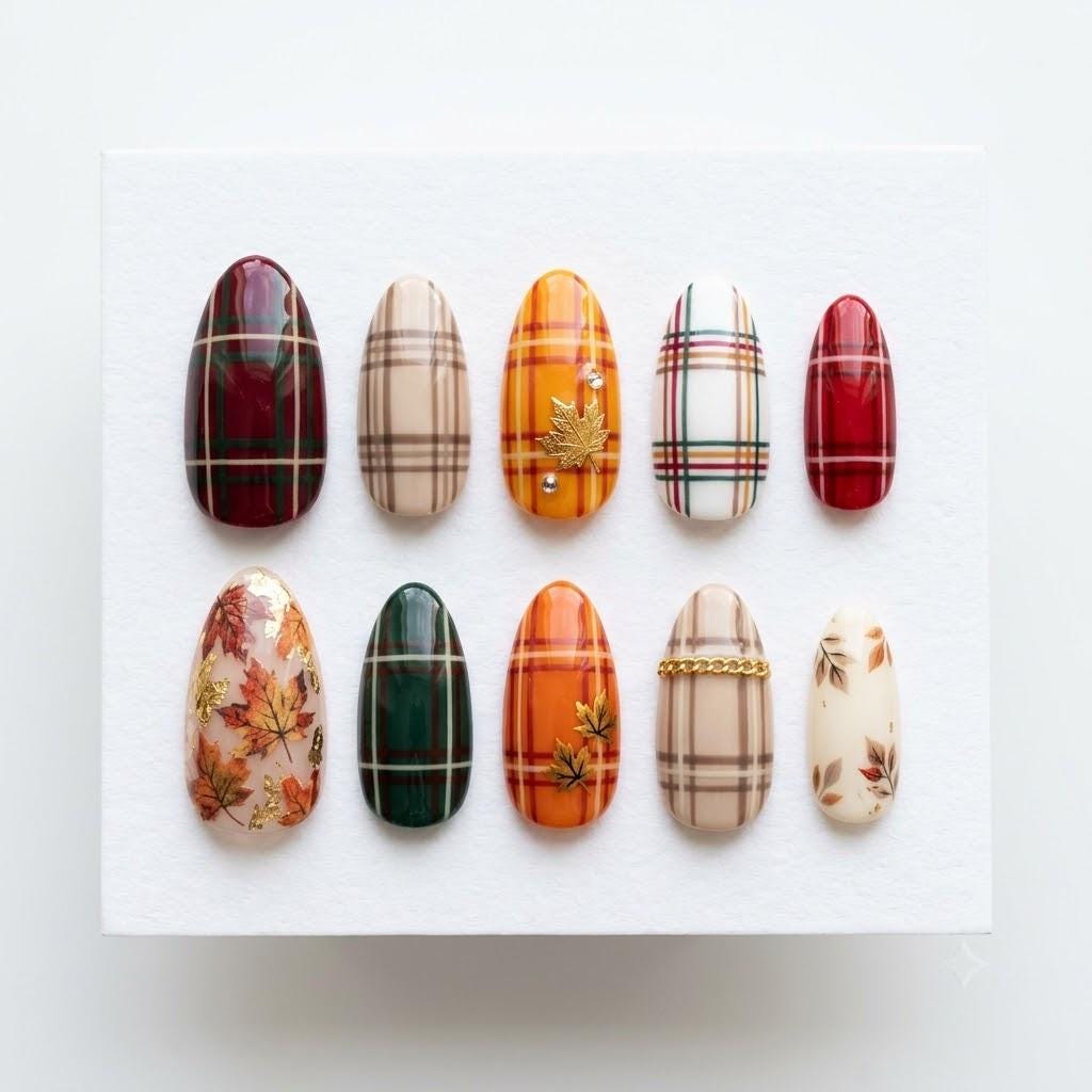 Autumn Plaid and Maple Leaf Press On Nails in Burgundy, Green, and Orange