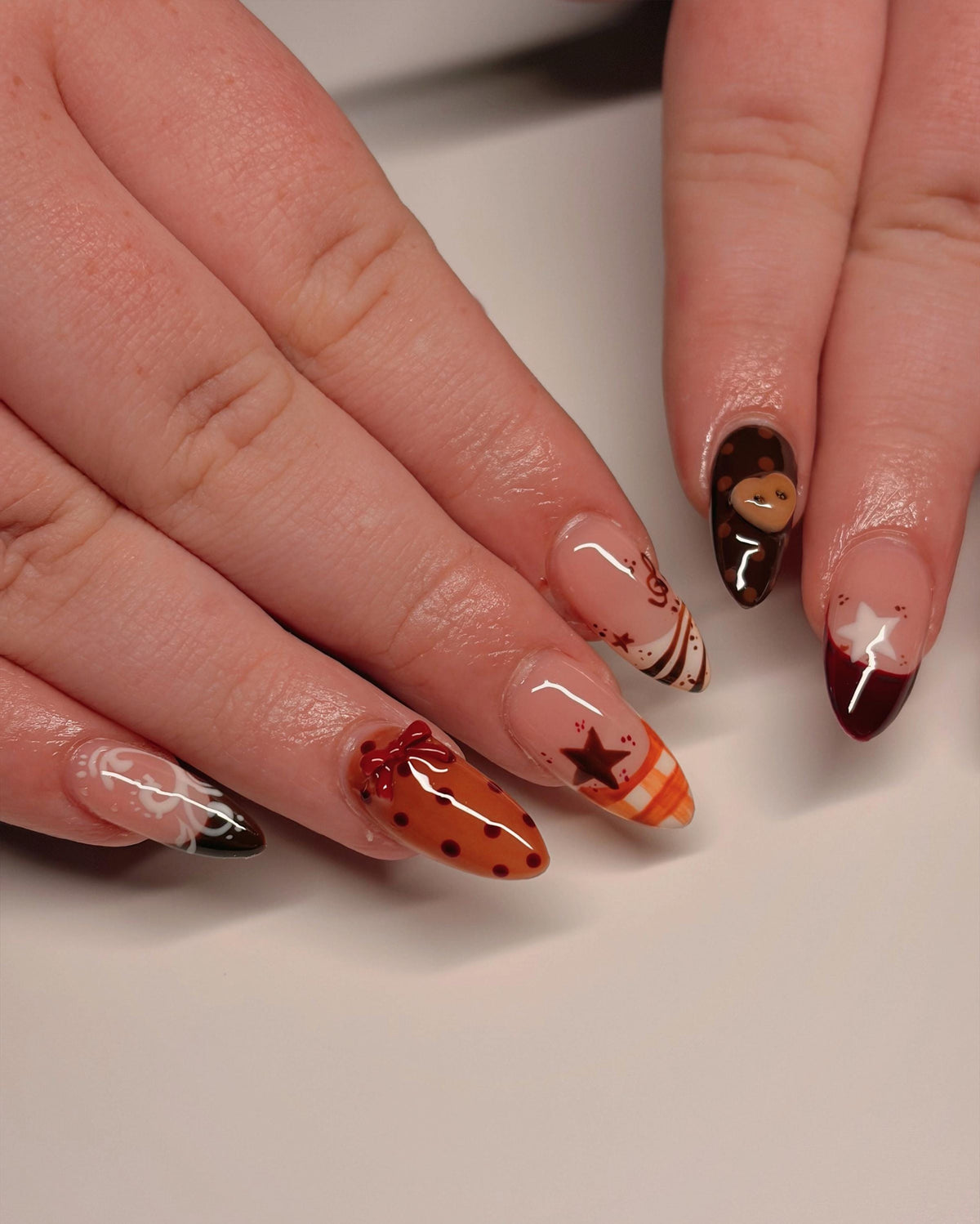 Autumn Plaid and Polka Dot Press On Nails with Monkey Button Accents