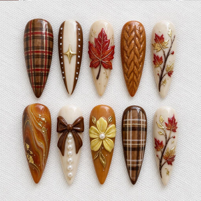 Autumn Plaid and Tortoiseshell Press On Nails with 3D Leaves, Bows, and Florals