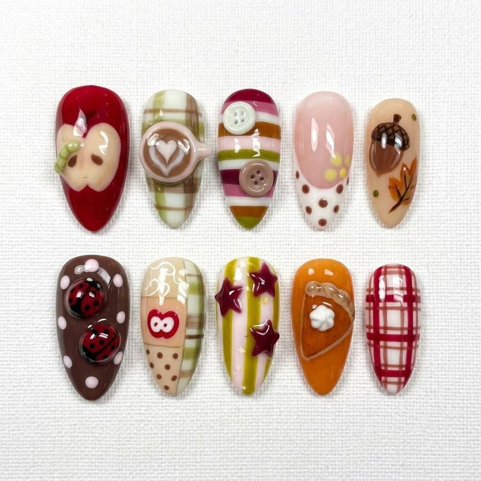 Autumn Plaid Press-On Nail Set With Sweater Stripes, Pumpkins and Ladybugs