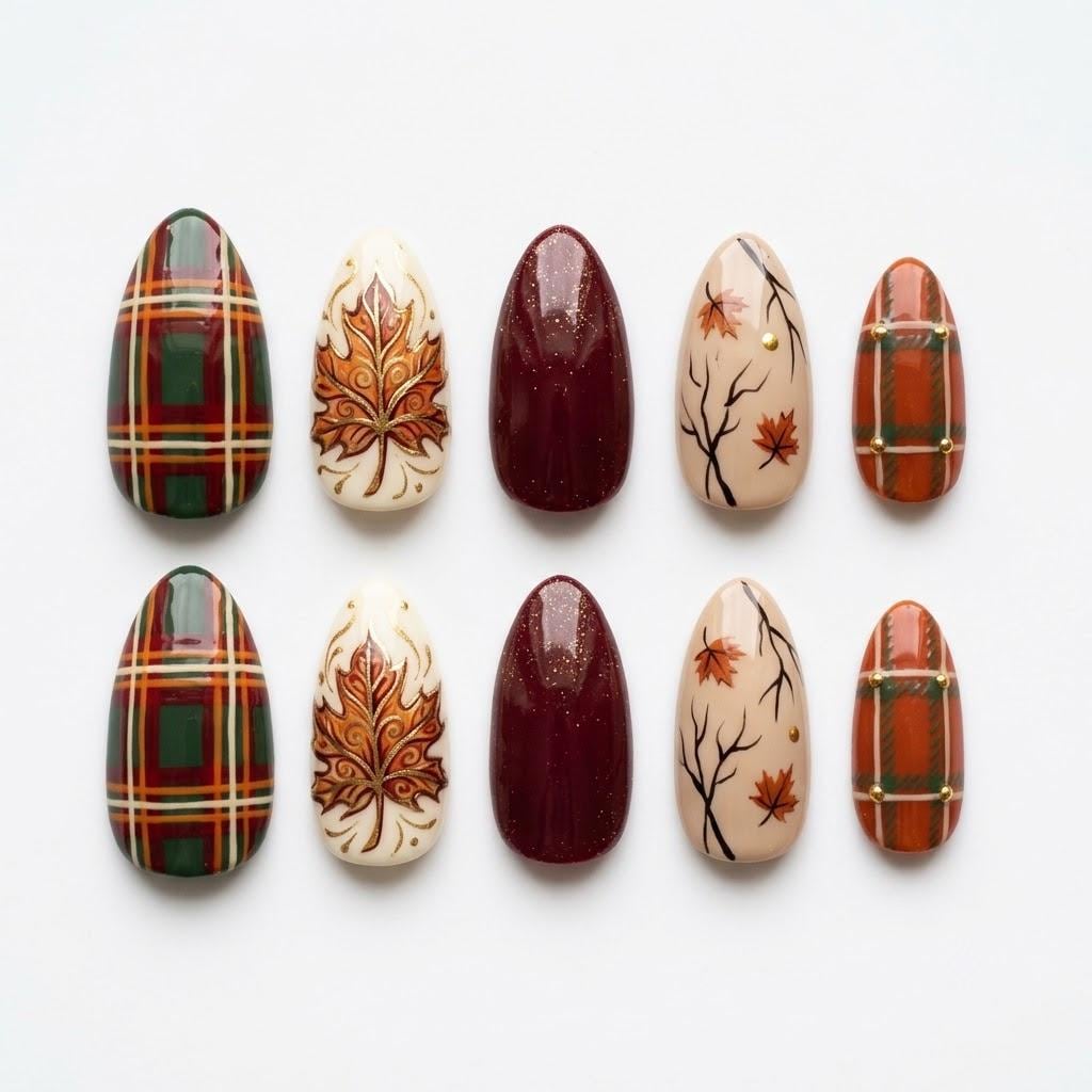 Autumn Plaid Press On Nails With Burgundy Glitter, Maple Leaf Art and Thanksgiving Style