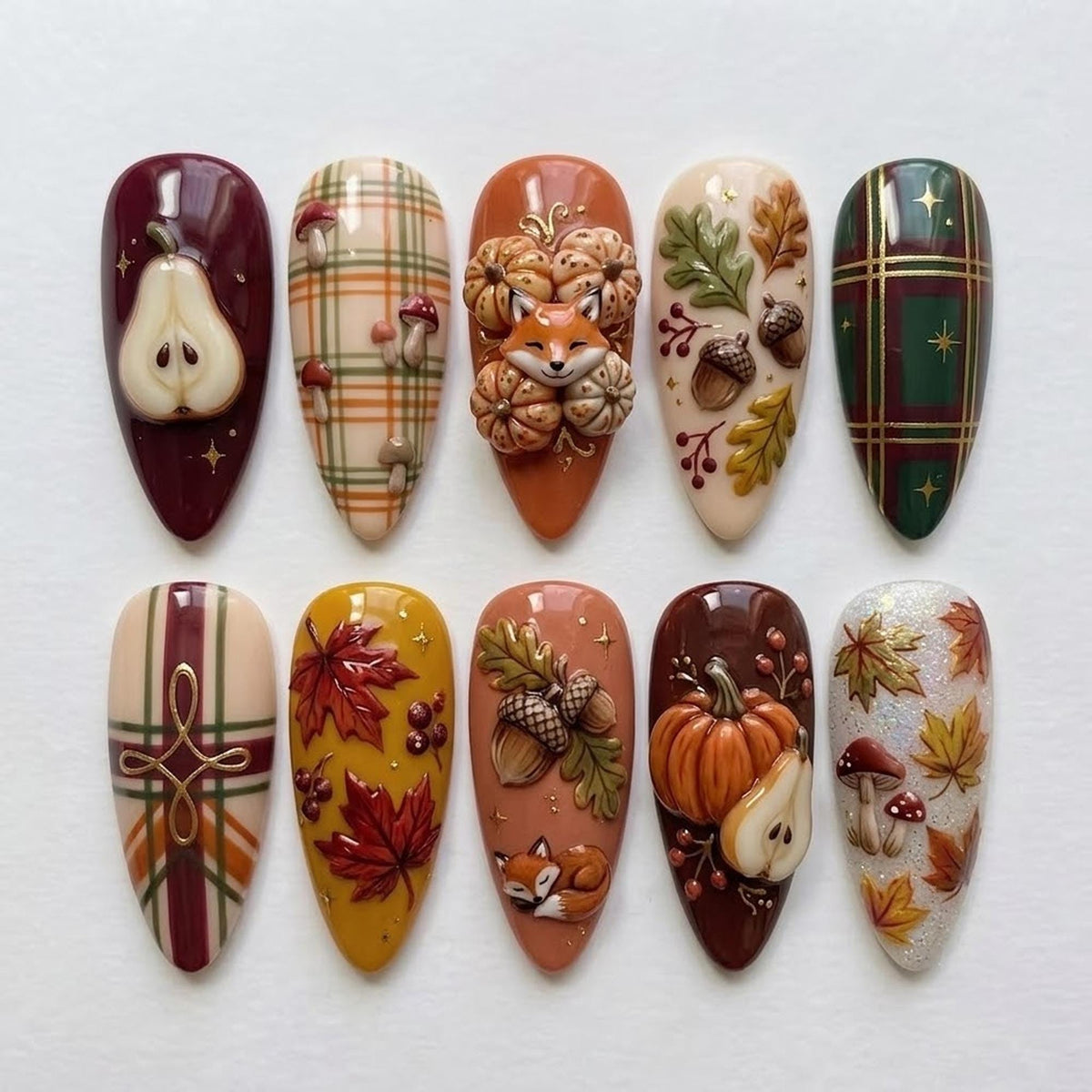Autumn Plaid Press-On Nails with Pumpkins, Foxes, Leaves, and Acorn Details