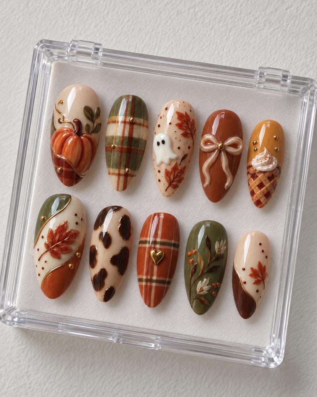 Autumn Plaid Press On Nails With Pumpkins, Ghost, Bow, and Fall Details