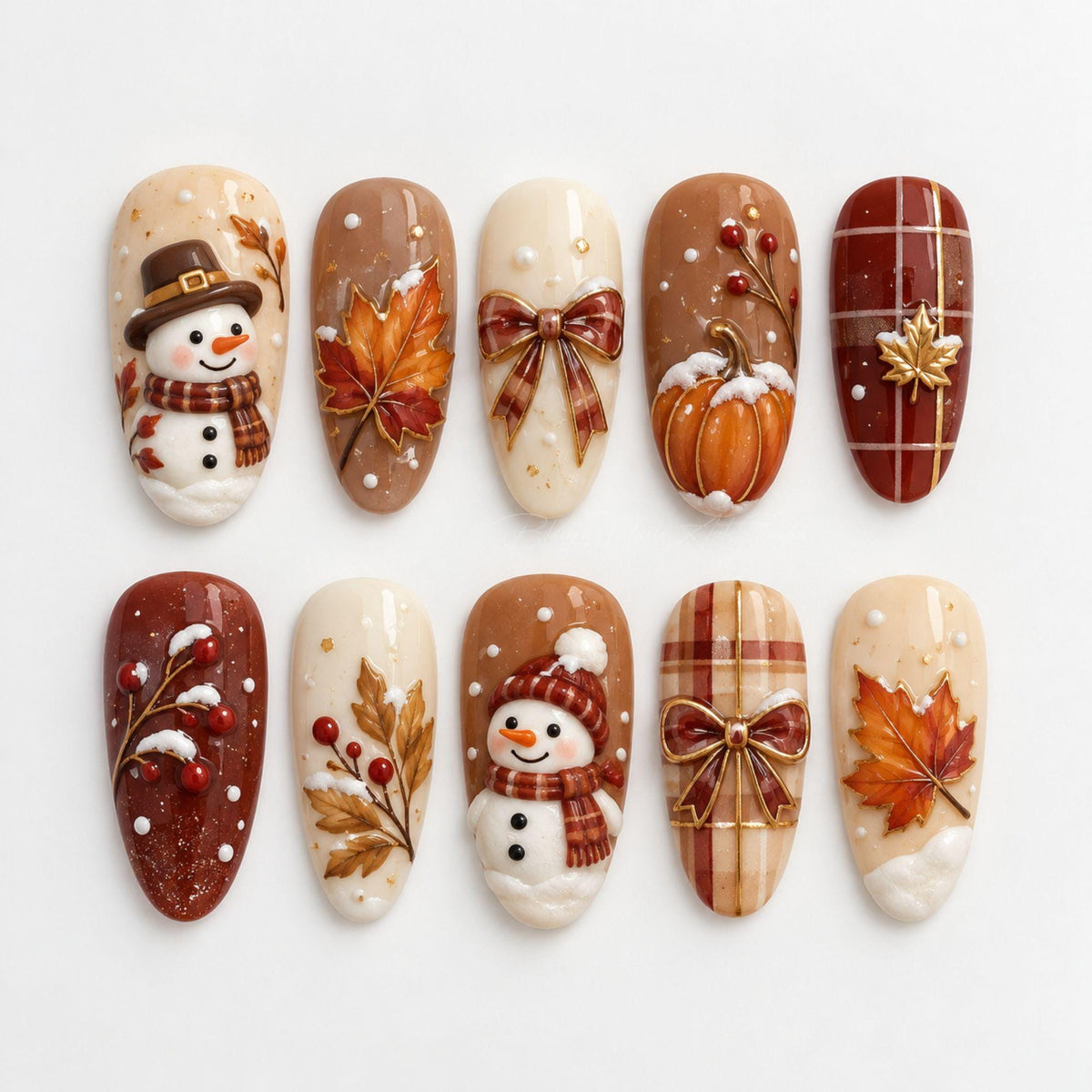 Autumn Plaid Press On Nails with Snowmen, Pumpkins, Leaves, and Bows