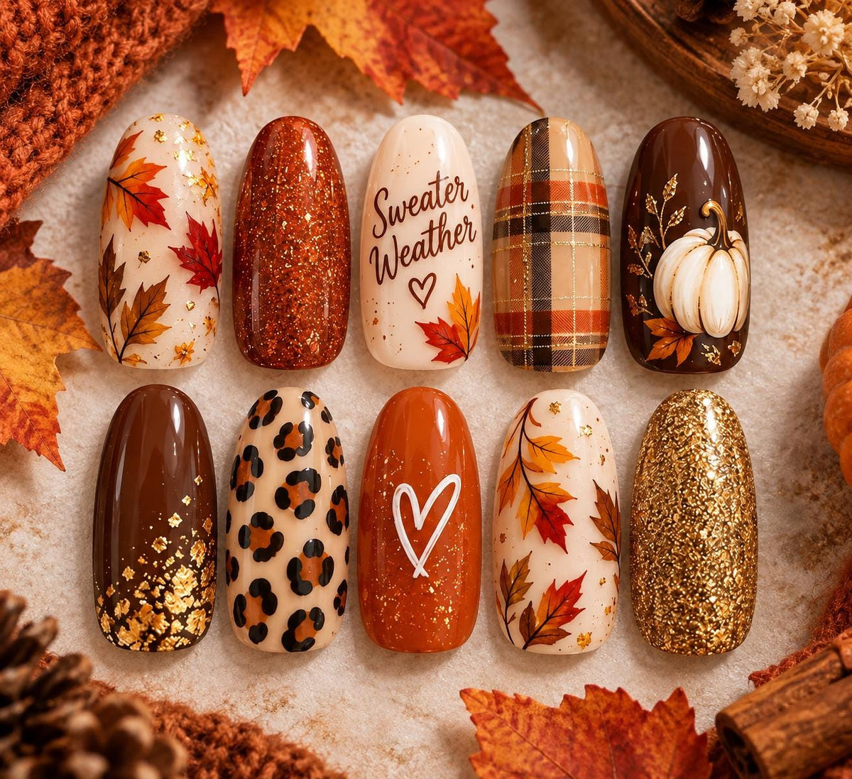 Autumn Press-On Nail Set with Maple Leaves, Plaid, Leopard Print and Gold Glitter