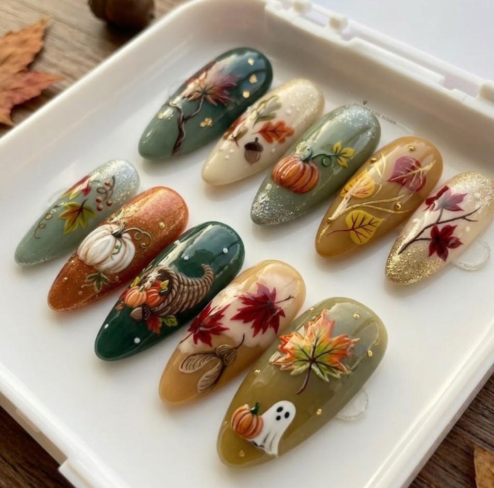 Autumn Press On Nails With Maple Leaves, 3D Pumpkins, Cornucopia and Ghost