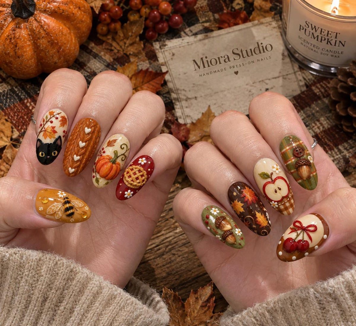 Autumn Press On Nails With Pumpkin, Black Cat, Maple Leaves, Cherries and Plaid