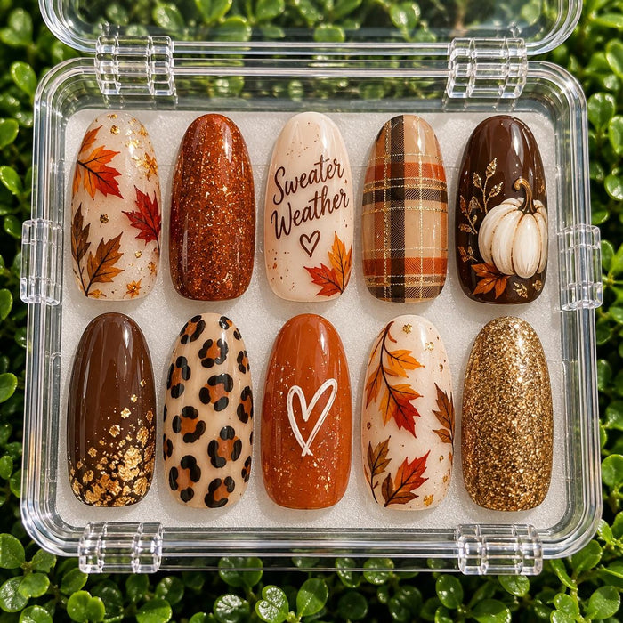 Autumn Press On Nails With Pumpkin, Plaid, Leaves, Leopard Print, and Gold Glitter