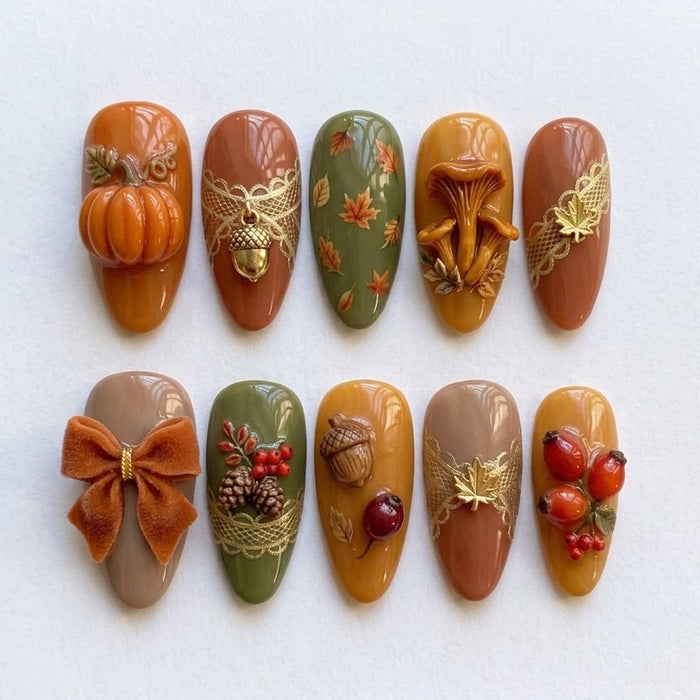 Autumn Press On Nails with Pumpkins, Mushrooms, Acorns, Maple Leaves & 3D Bow