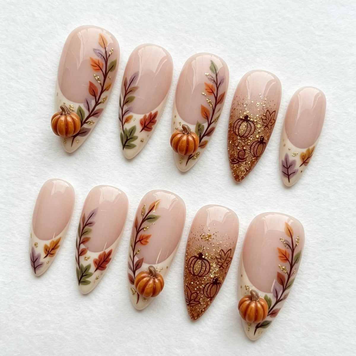 Autumn Pumpkin 3D Press-On Nails with Fall Foliage and Gold Glitter French Tips