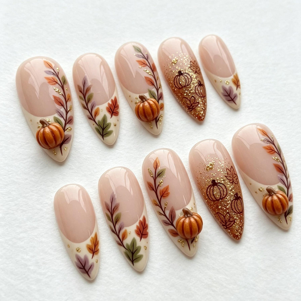 Autumn Pumpkin 3D Press-On Nails with Fall Foliage and Gold Glitter French Tips