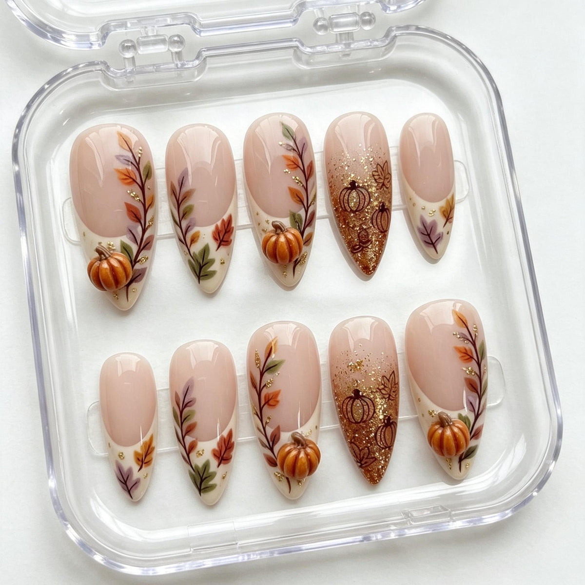 Autumn Pumpkin 3D Press-On Nails with Fall Foliage and Gold Glitter French Tips