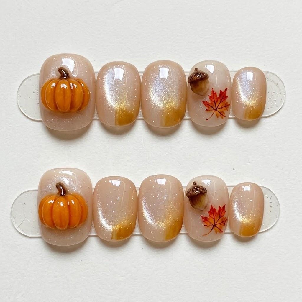 Autumn Pumpkin, Acorn and Maple Leaf Press On Nails with Gold Shimmer