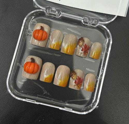Autumn Pumpkin, Acorn and Maple Leaf Press On Nails with Gold Shimmer