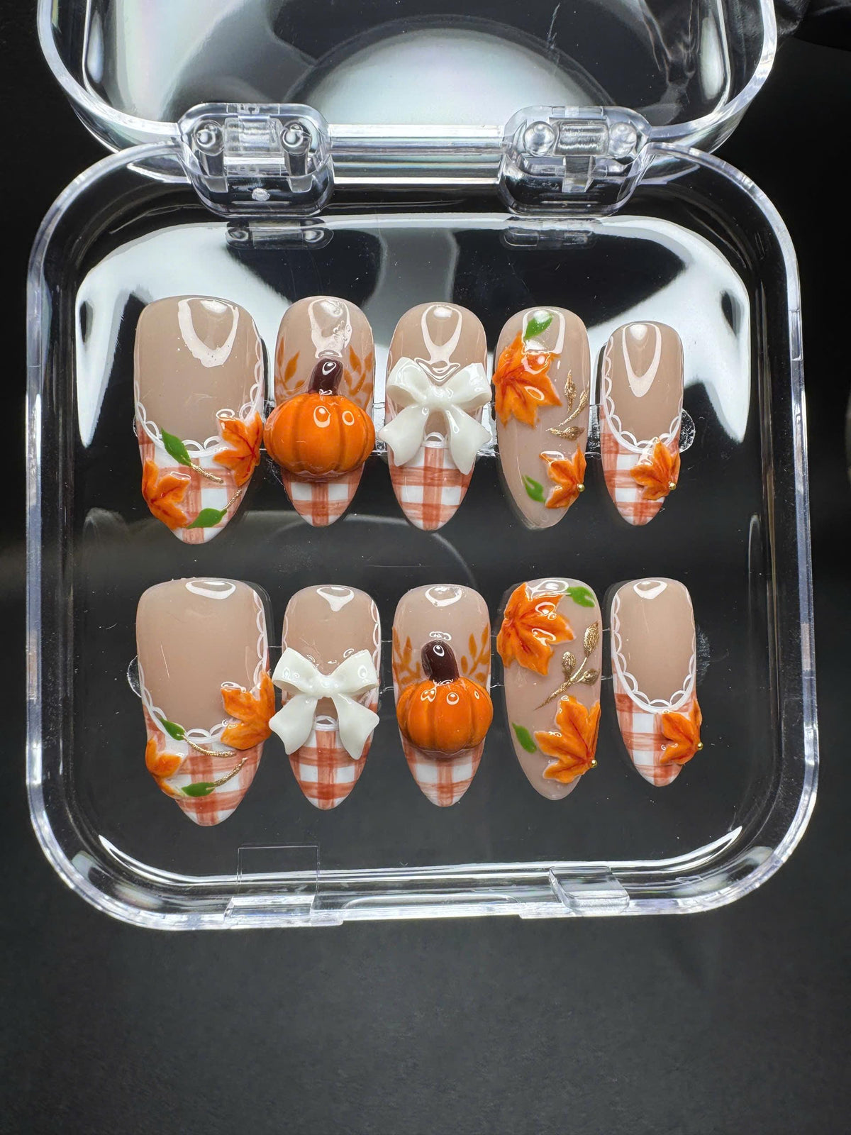 Autumn Pumpkin and Bow Press On Nails with Plaid Tips and Maple Leaves