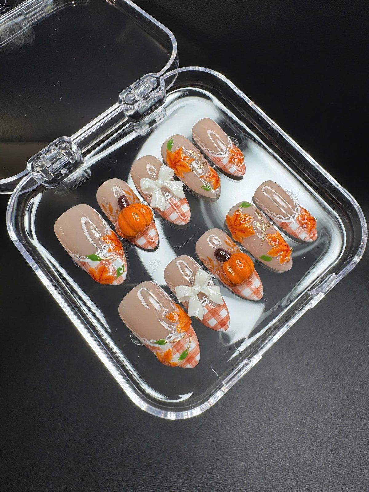 Autumn Pumpkin and Bow Press On Nails with Plaid Tips and Maple Leaves