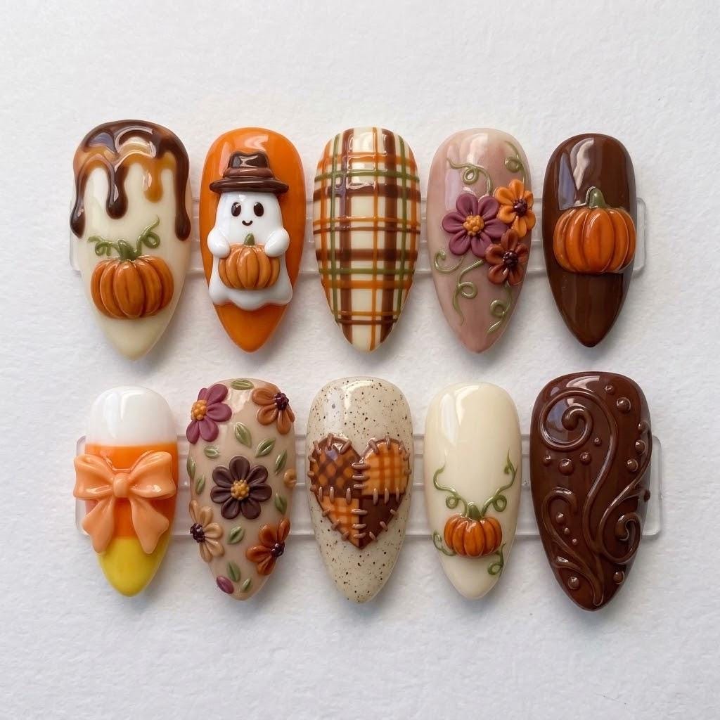 Autumn Pumpkin and Floral Press-On Nail Set with Plaid, Ghost, Bow and 3D Details