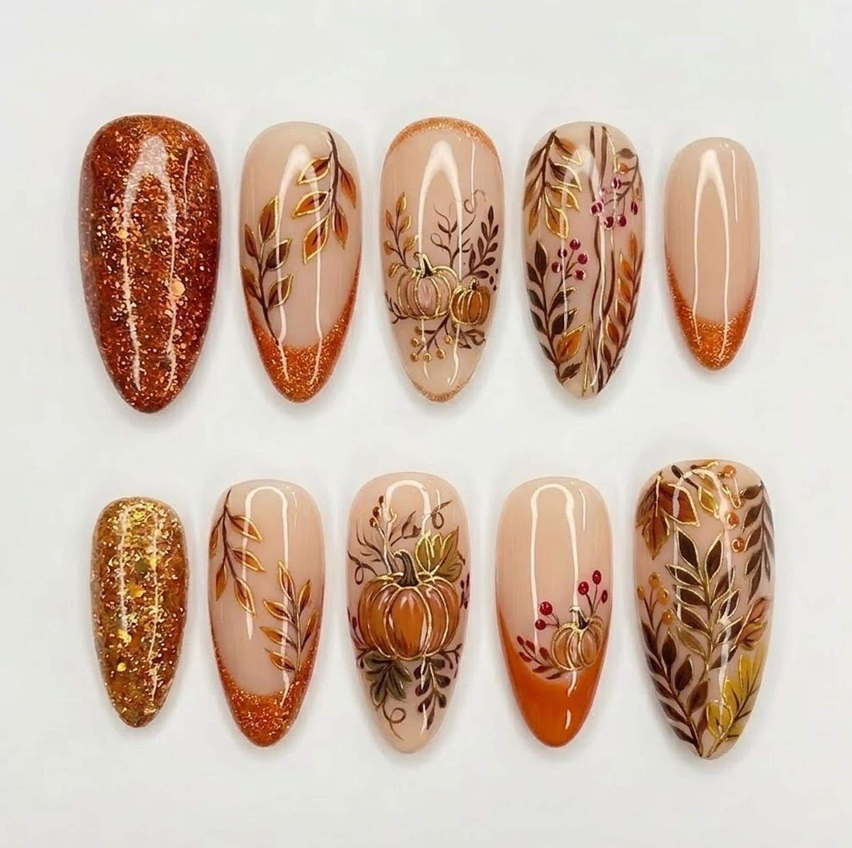 Autumn Pumpkin and Foliage French Tip Nail Set with Copper and Gold Glitter