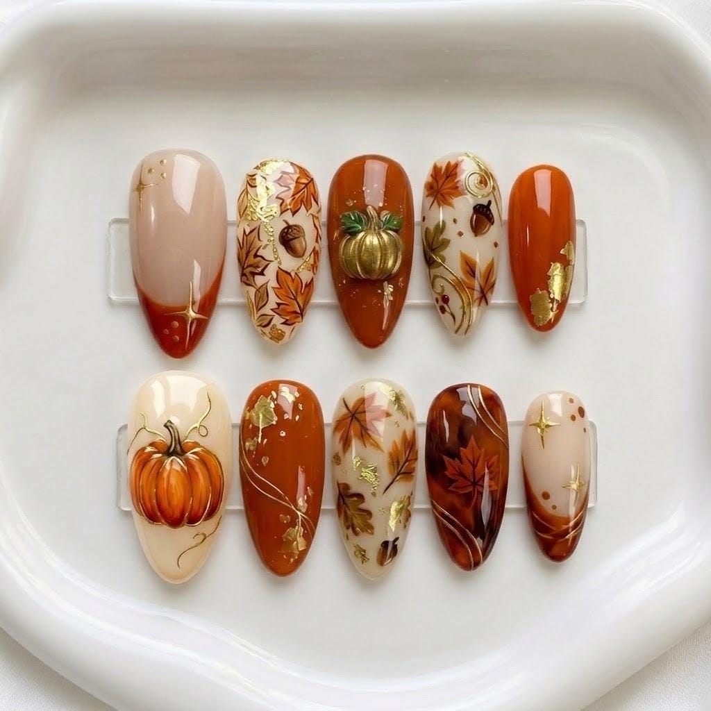 Autumn Pumpkin and Leaf Press-On Nails with Gold Foil Accents