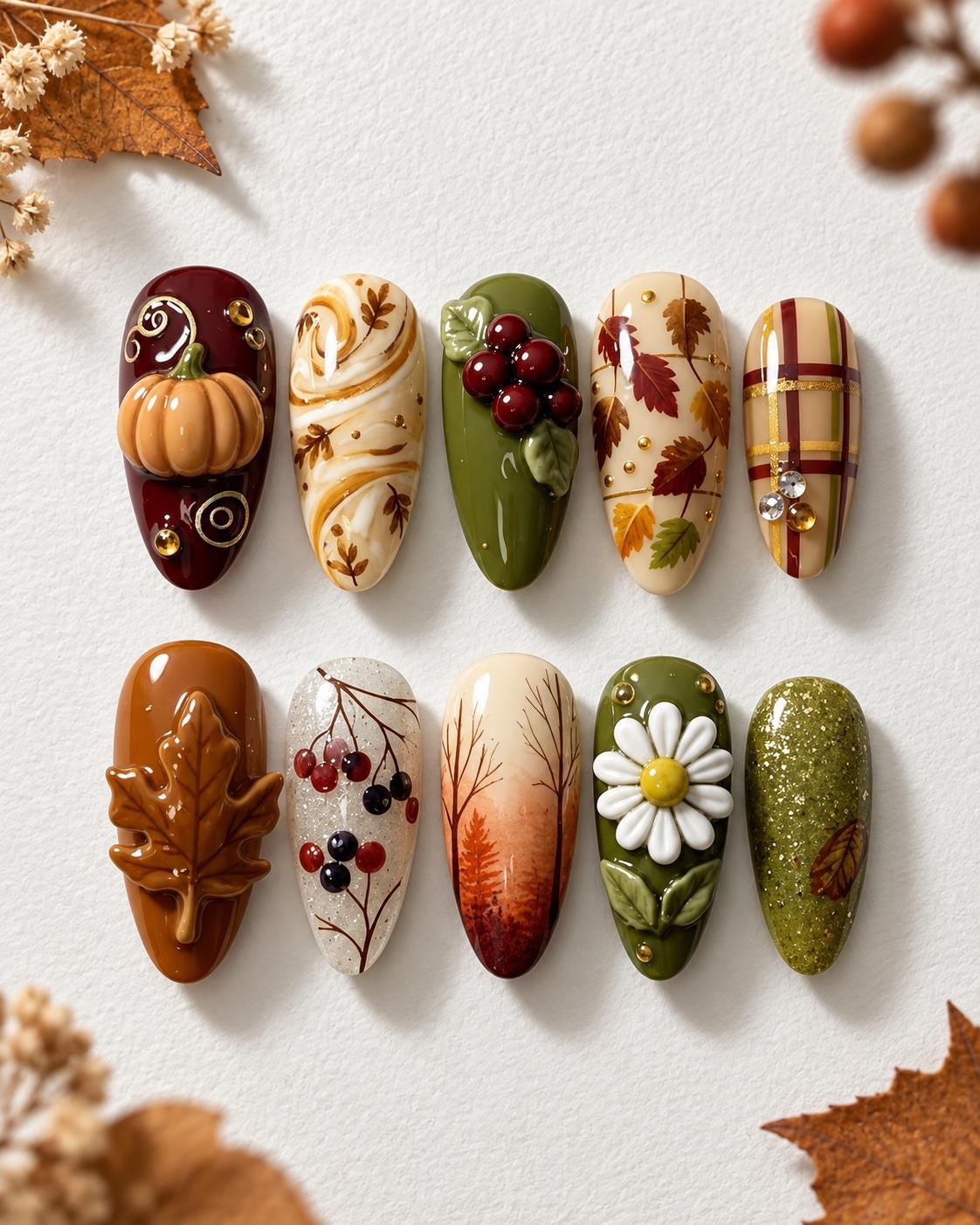 Autumn Pumpkin and Maple Leaf Nail Set in Olive, Burgundy, Caramel, and Cream