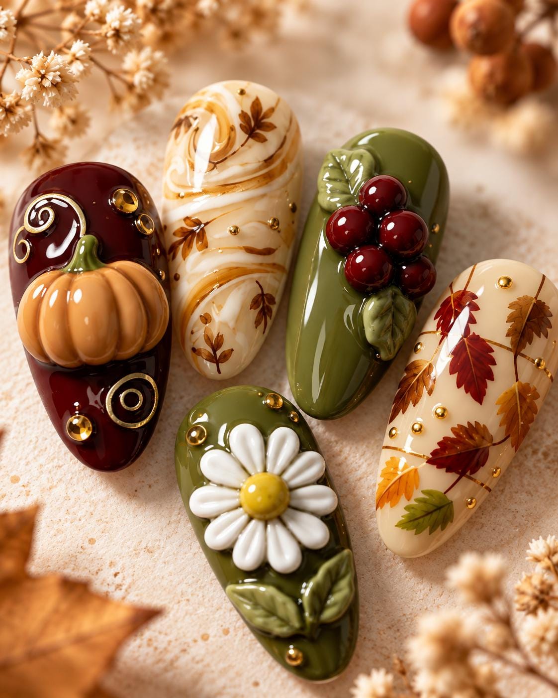 Autumn Pumpkin and Maple Leaf Nail Set in Olive, Burgundy, Caramel, and Cream