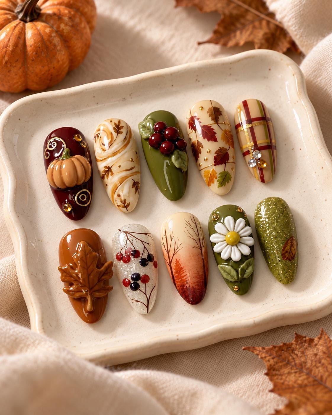 Autumn Pumpkin and Maple Leaf Nail Set in Olive, Burgundy, Caramel, and Cream