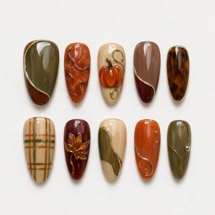 Autumn Pumpkin and Maple Leaf Press On Nail Set with Gold Details