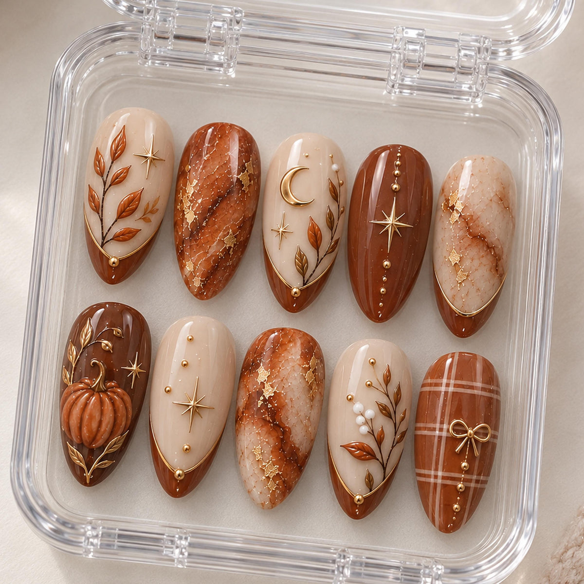 Autumn Pumpkin and Marble Press-On Nail Set with Plaid, Leaves and Gold Accents