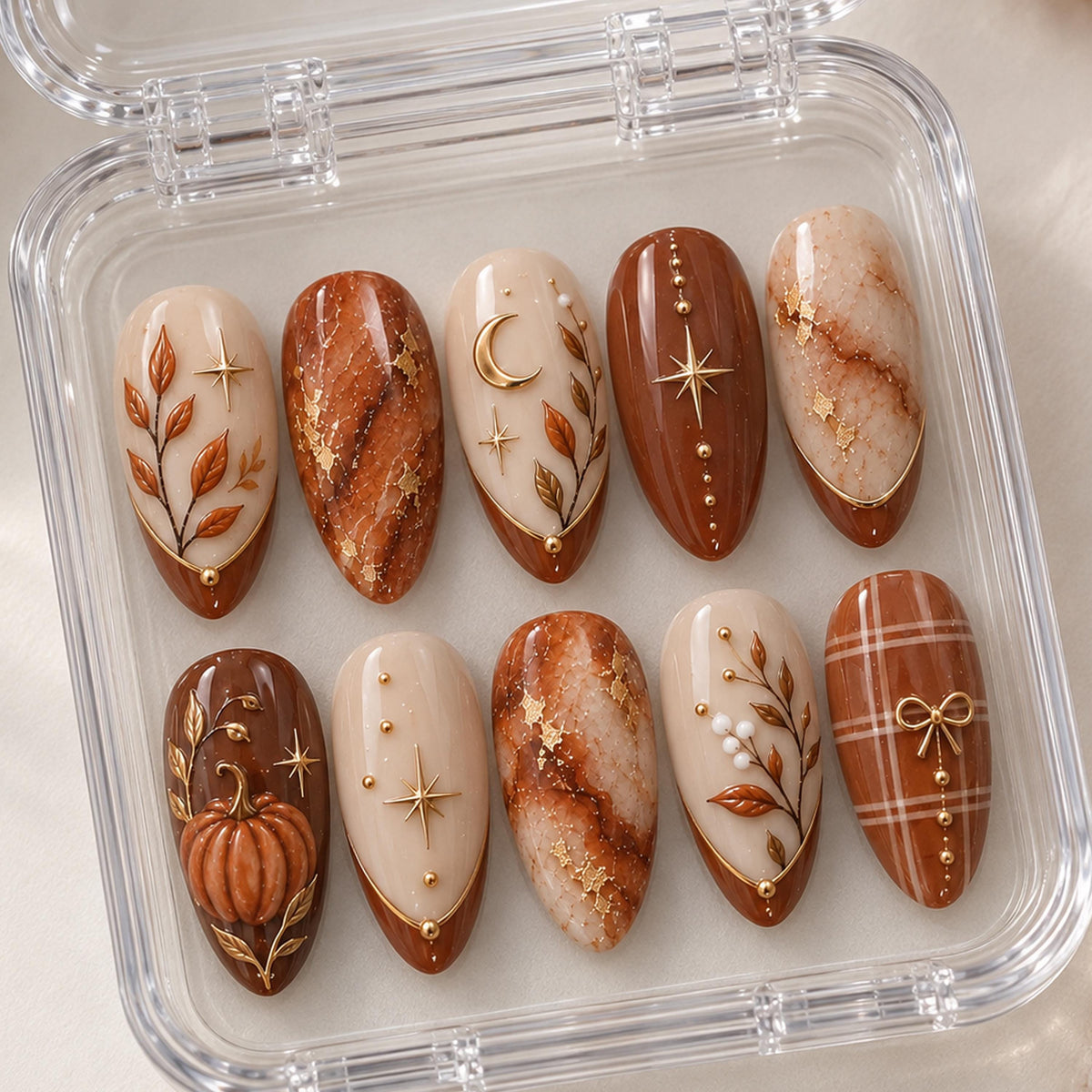 Autumn Pumpkin and Marble Press-On Nail Set with Plaid, Leaves and Gold Accents