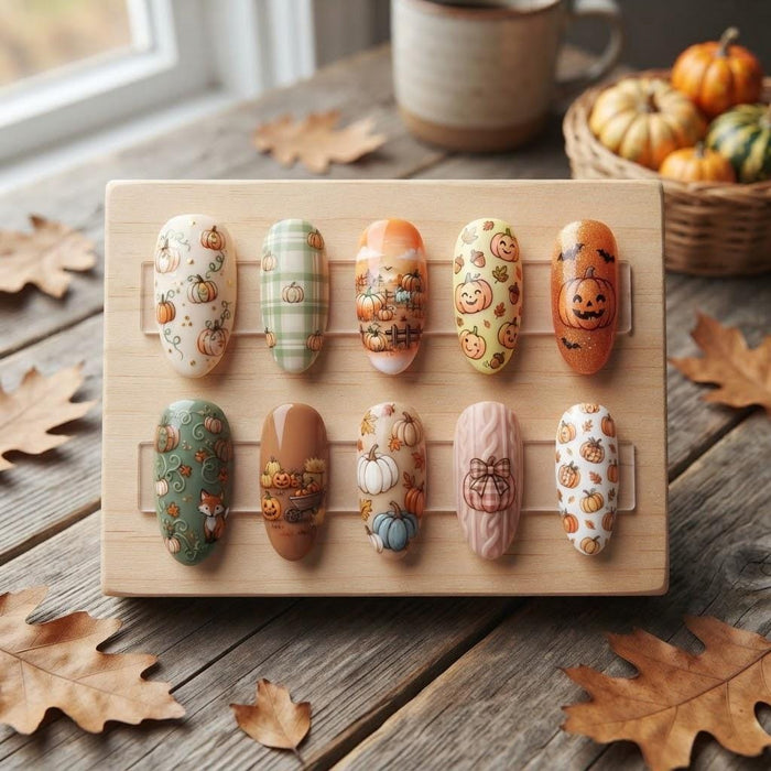 Autumn Pumpkin and Plaid Press On Nail Set with Leaves, Florals, and Jack-o’-Lantern Details