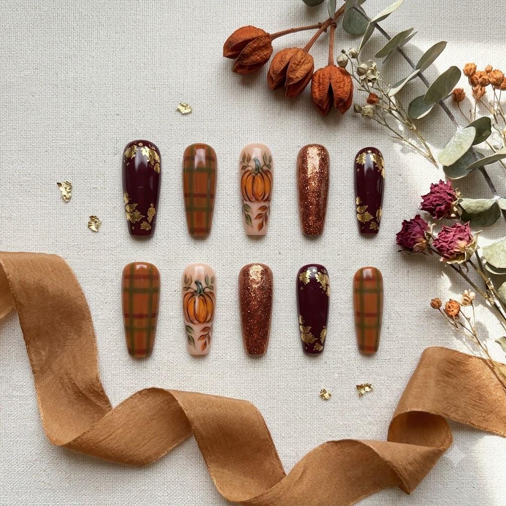 Autumn Pumpkin and Plaid Press On Nails With Burgundy, Gold Leaf and Copper Glitter