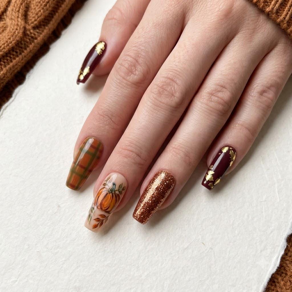 Autumn Pumpkin and Plaid Press On Nails With Burgundy, Gold Leaf and Copper Glitter