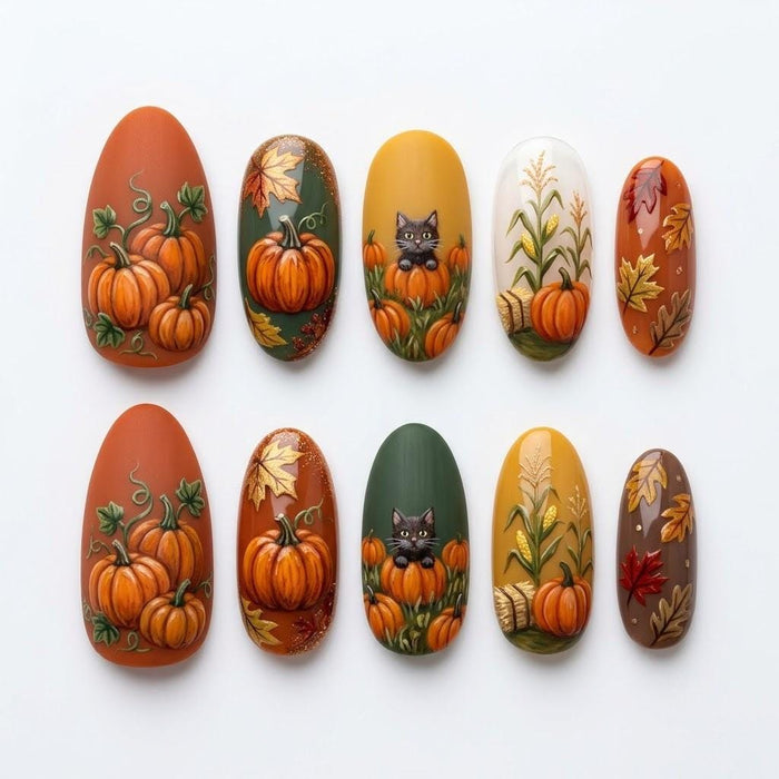 Autumn Pumpkin, Black Cat, Wheat and Maple Leaf Halloween & Thanksgiving Press On Nail Set