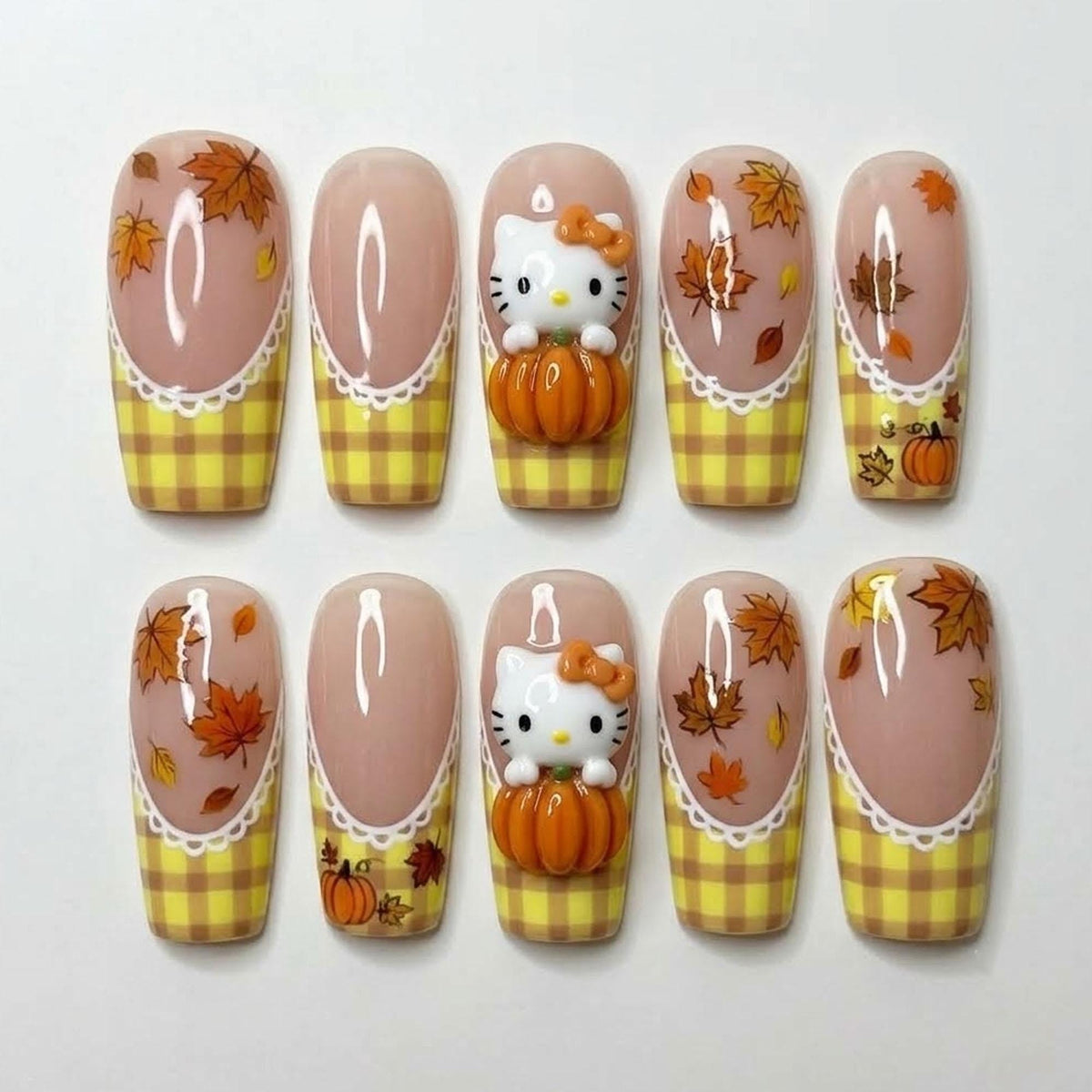 Autumn Pumpkin Cat Nails With Yellow Gingham Tips