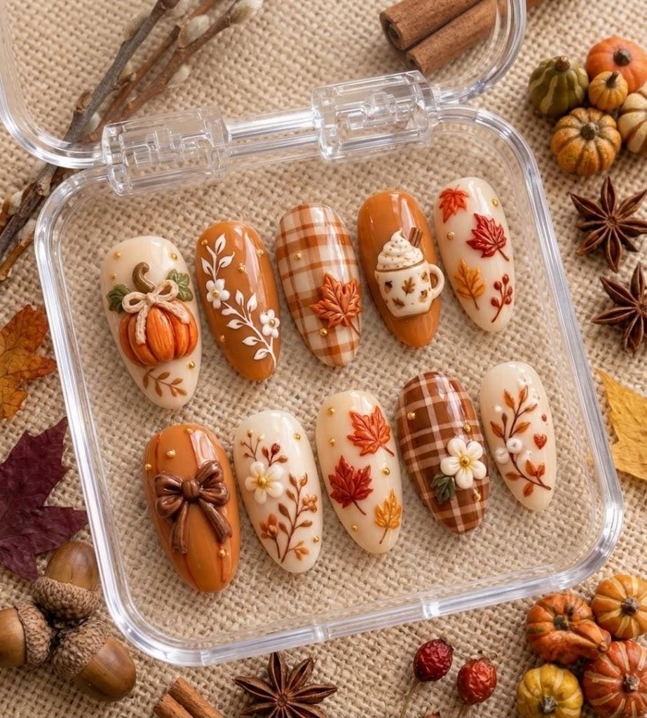 Autumn Pumpkin, Coffee Cup, Plaid and Leaf Press On Nail Set