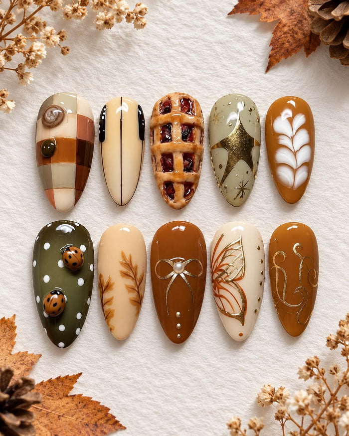 Autumn Pumpkin Pie and Ladybug Press On Nail Set with Plaid, Latte Art and Gold Details
