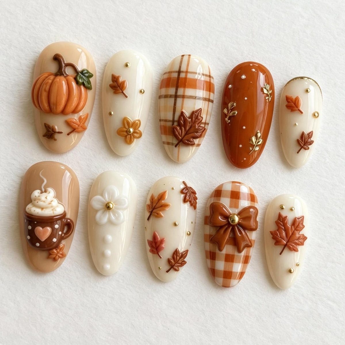 Autumn Pumpkin, Plaid, and Leaf Press-On Nail Set