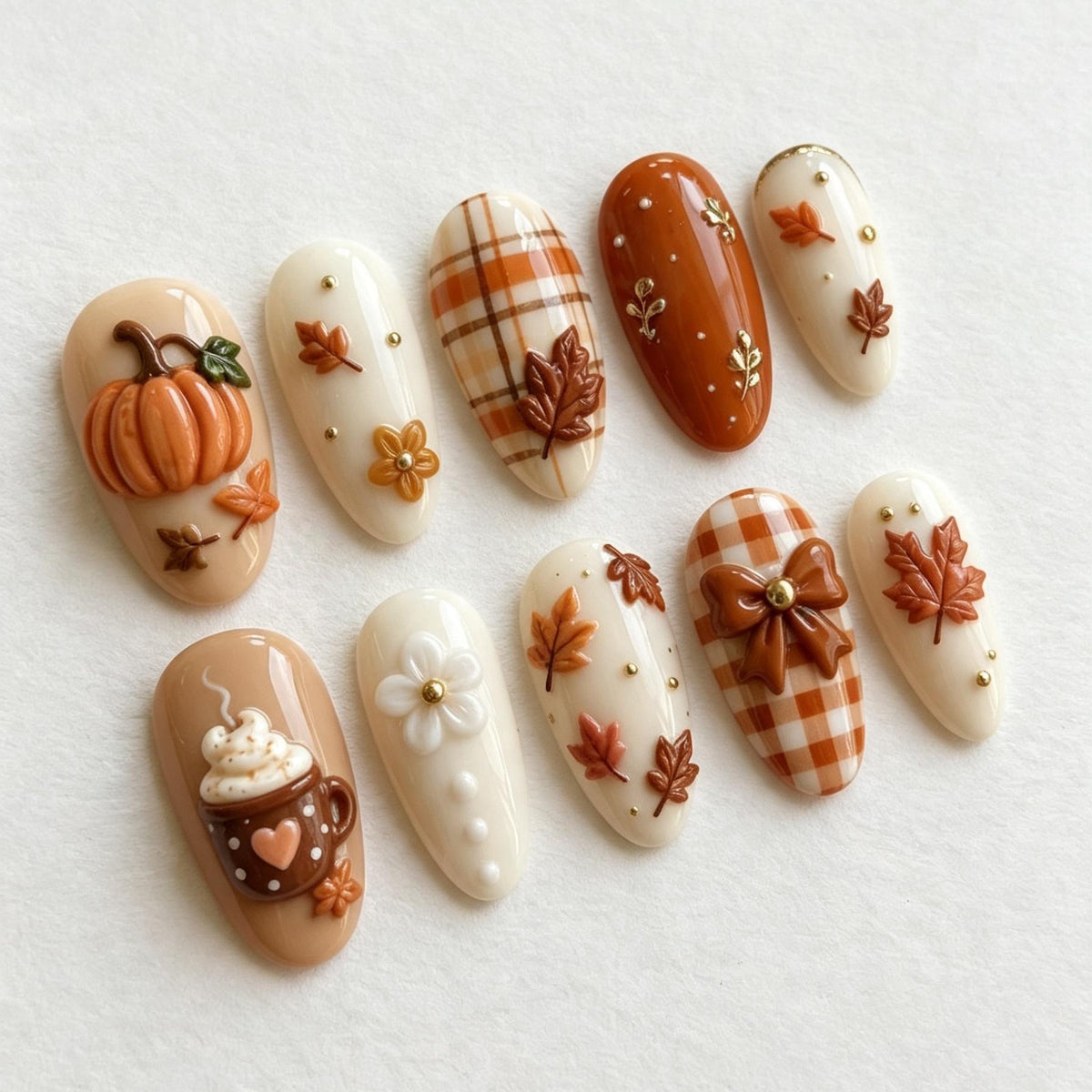 Autumn Pumpkin, Plaid, and Leaf Press-On Nail Set
