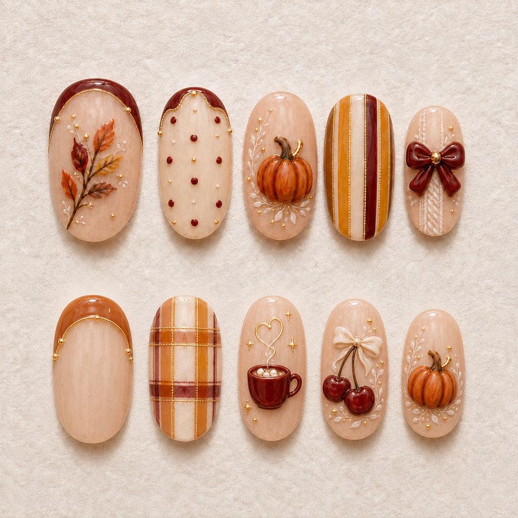 Autumn Pumpkin, Plaid, Cherry & Bow Press On Nails