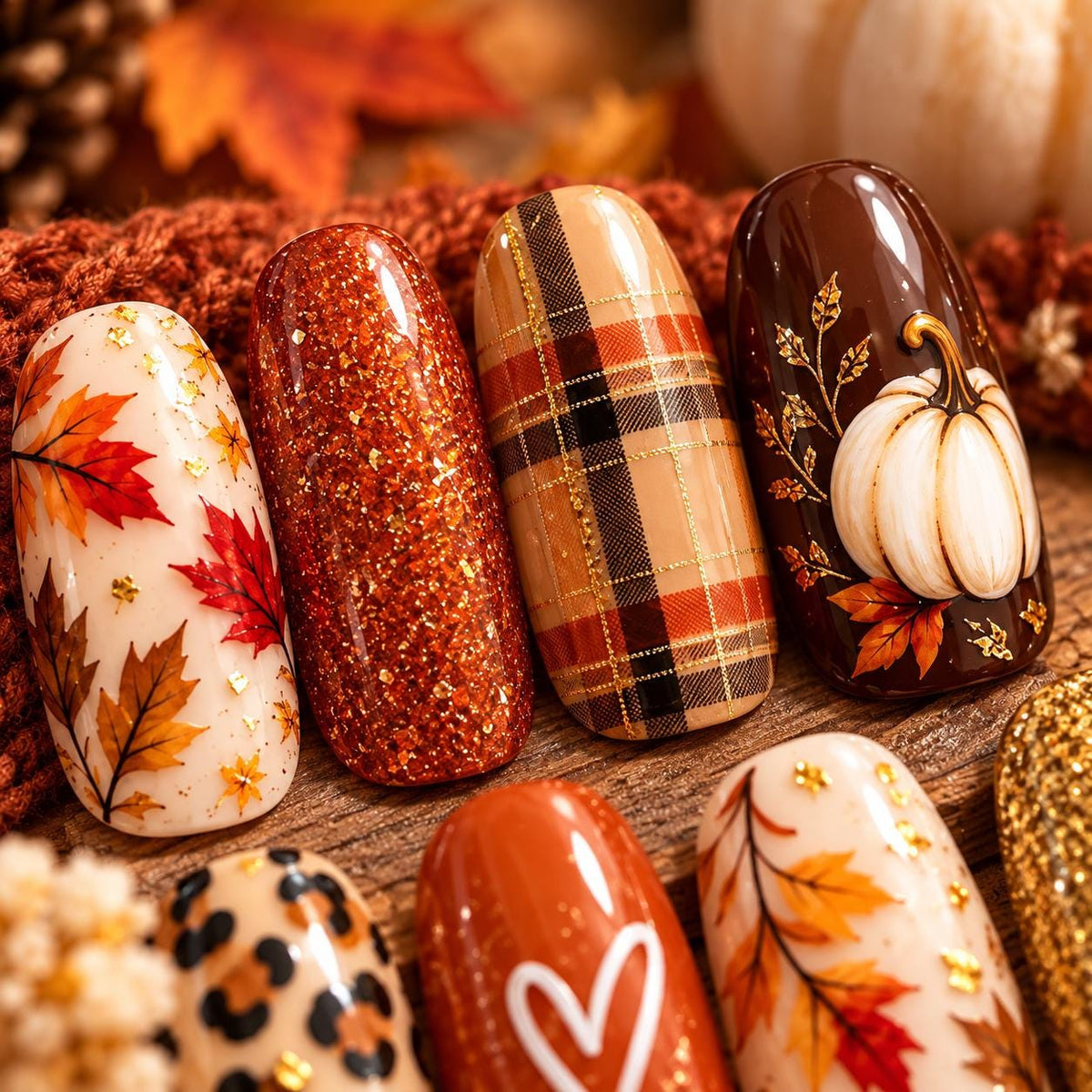 Autumn Pumpkin, Plaid, Leopard and Maple Leaf Press On Nail Set